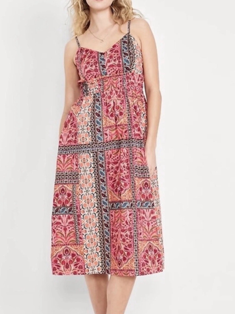 Old Navy Waist Defined In Pink Patchwork Print Spaghetti-Strap Midi Dress
